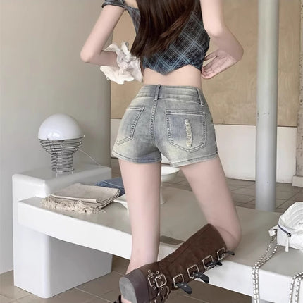 American Hot Denim Shorts for Women Summer New Sexy Sexy Elastic Retro Rivets Low Waist Hip Hot Pants