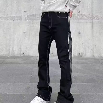 American high street long ribbon micro horn mid-waist jeans men's and women's same straight slim slimming mop long pants