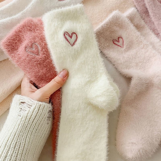 Socks women's mid-tube socks autumn and winter thickened love mink velvet embroidery sleep floor socks winter warm stockings