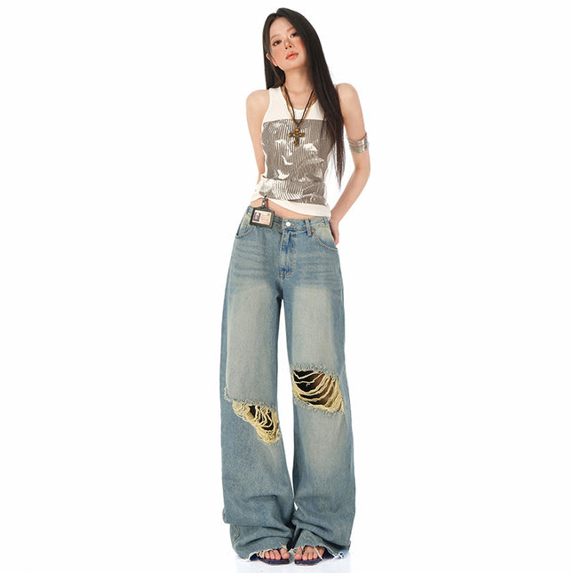 Raccoon House # 2025 Summer New Ripped Jeans Women's American Retro High Waist Loose High Street Drape Straight Pants