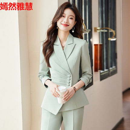 2025 Spring European and American Foreign Trade Green Slim Fit Small Suit Set Front Desk White Collar Workwear Wide-Leg Pants Suit Set
