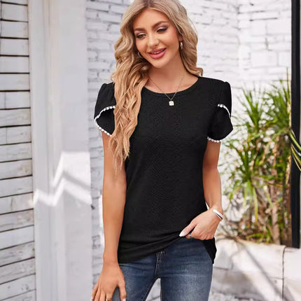 Amazon Independent Station European and American Foreign Trade Cross-border Women's Summer Short-sleeved T-shirt Needle-eye Crewneck Petal Sleeve Top