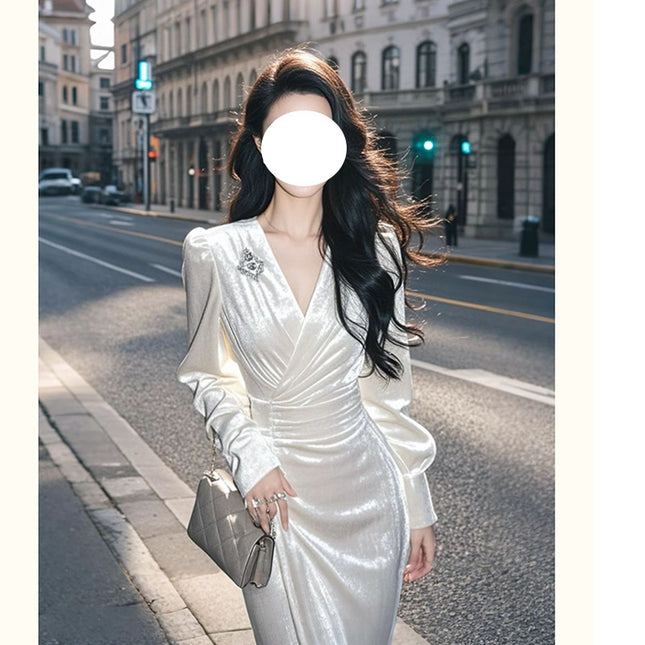 Korean Style Atmosphere Wearing Cold Style Chic Skirt Royal Sister Style White Velvet dress New Style