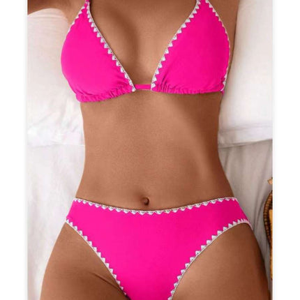 European and American Sexy Split Swimsuit Women's Triangle Cup Bikini Lace Decoration High Waist Bikini Swimsuit Set