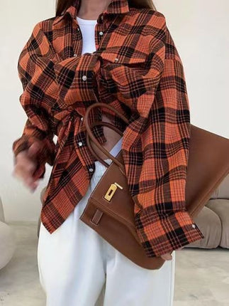 2024 Spring and Autumn Amazon OZON Cross-border Retro Style All-match Loose Shirt * Fashion All-match Plaid Shirt Women