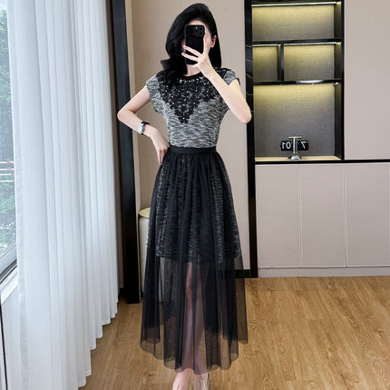 Cross-Border Hot-Selling Two-Piece Set 2025 New Style Small Fragrance Rhinestone Dress + Mesh Skirt Set
