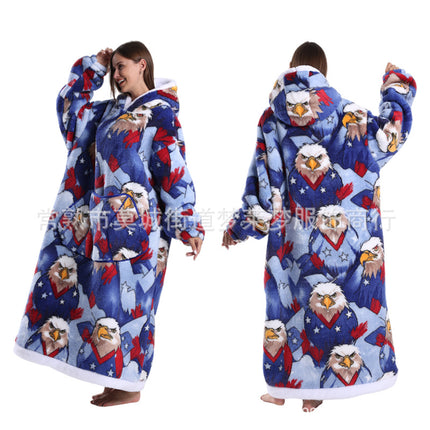 A generation of winter clothing lazy printed hoodie thickened and lengthened adult couples nightgown tk labeling cross-border