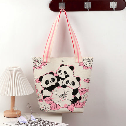 Large-Capacity Tote Bag, Shoulder Bag, Souvenir Gift, Versatile Backpack, Popular Spring and Summer Panda Grandpa Cartoon Knitted Bag