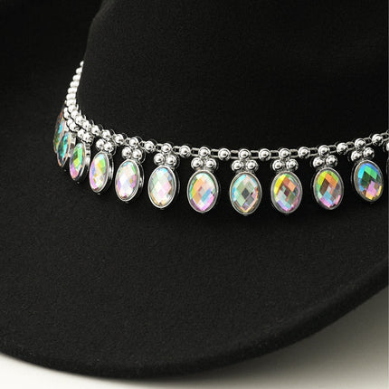 Cross-Border European and American Style Popular Tassel Horse Eye Code Chain Green Agate Diamond Claw Hat Chain Top Hat Cowboy Hat Felt Hat Gemstone