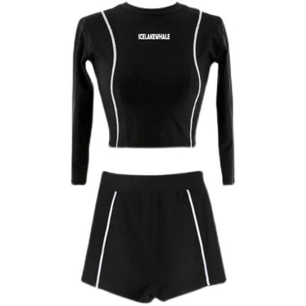 Sports Swimsuit Women's Summer Conservative Student Belly Covering Slimming with Chest Pad Long Sleeve Sun Protection Quick-drying Split Boxer Swimsuit