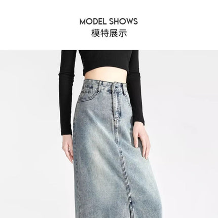 2023 new light blue thin denim skirt high waist A- line mid-length front slit hip skirt Denim skirt