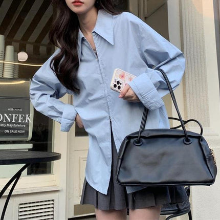 Shirt Women's Design Back Slit Spring Korean Style 2024 New Outer Wear Loose and Chic Long-sleeved Zipper Top