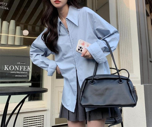 Shirt Women's Design Back Slit Spring Korean Style 2024 New Outer Wear Loose and Chic Long-sleeved Zipper Top