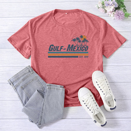 Amazon Supply Guif of Mexico Printed Short-Sleeved Women's Casual Summer Casual Loose Round Neck