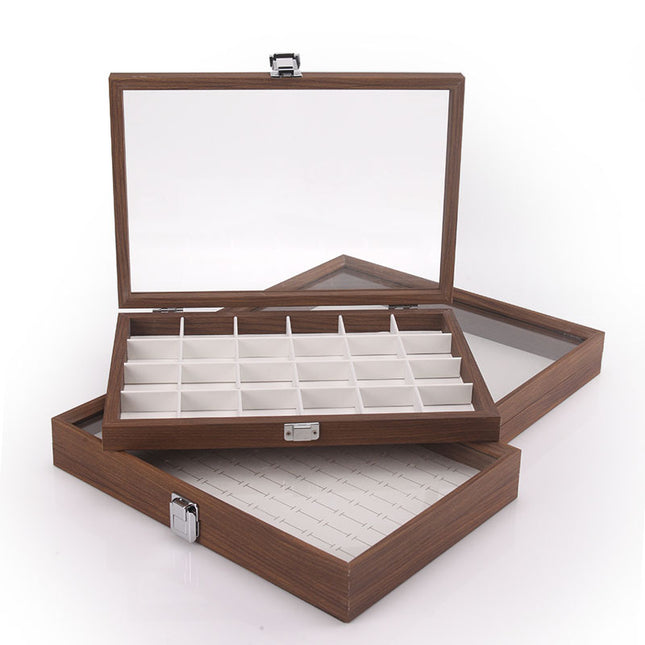 Fashion walnut grain white leather jewelry box with lid dustproof earrings earrings earrings storage box ring necklace bracelet tray
