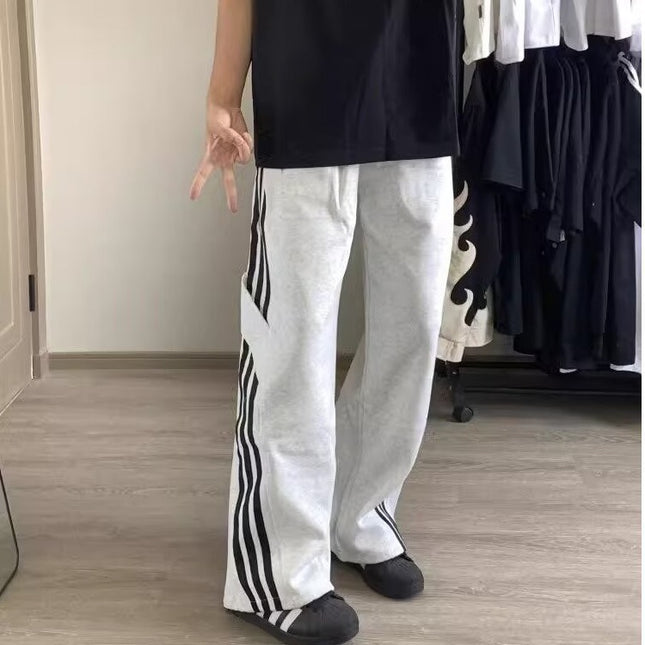 light gray American Style Retro Sweat Pants Men's Spring and Autumn Fashion Brand Striped Loose Wide Leg Pants Straight Sports Casual Pants