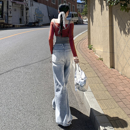Street wash rundown wind light color scratch retro ground white wide leg jeans women 2025 new mop pants