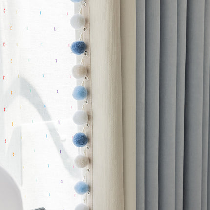 Cream-Colored Chenille Blackout Curtains for Children's Room, Sleeping Beauty Style, with Pom-Pom Design, Custom-Made Finished Product