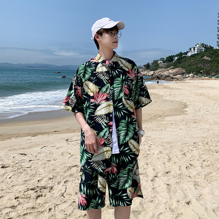 Cross-border 2023 Summer Beach Youth Color Printed Shirt Set Men's Multi-color Loose Shorts Shirt Set
