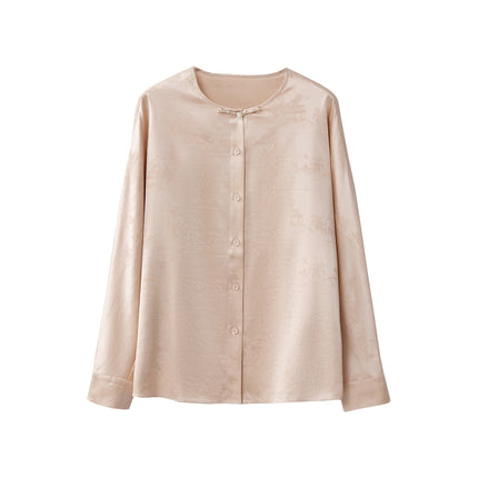 Guofeng Button Silk Jacquard Satin Long-sleeved Top Women's Mulberry Silk Round Neck Loose New Chinese Style Shirt
