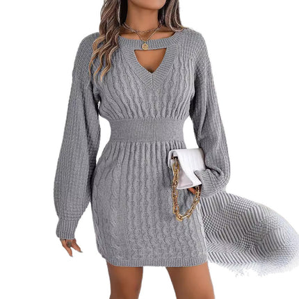 Real Shot of 2025 Autumn and Winter Pure Color Twist Cut Out Lantern Sleeves Hip-Covering Sweater Skirt Independent Station Cross-Border European and American Clothing