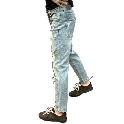 Trendy Ripped Light Blue Skinny Cropped Jeans for Men, Summer New Style, Versatile for Young Students