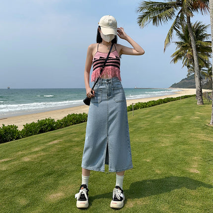 2024 New High-end Denim Skirt Slimming All-match Summer Thin Light Color Soft Denim Front Split Design Skirt