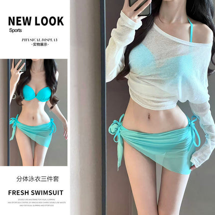 New Swimsuit Women's Bikini Versatile Sweet Mint Green Hollow Sweater Blouse Suspender Four-Piece Suit for Women