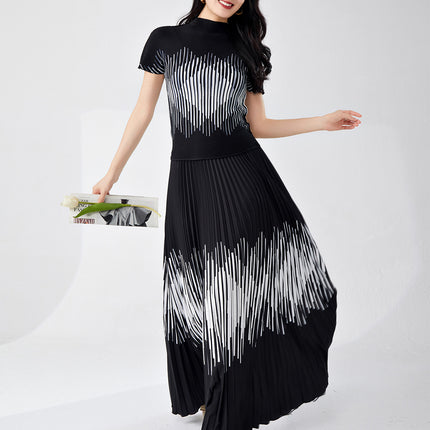 Cross-border Hot Sale Miyake Fashion suit High-end Women's Striped Slim-fit Slimming Short-sleeved T-shirt Pleated Skirt Two-piece Set