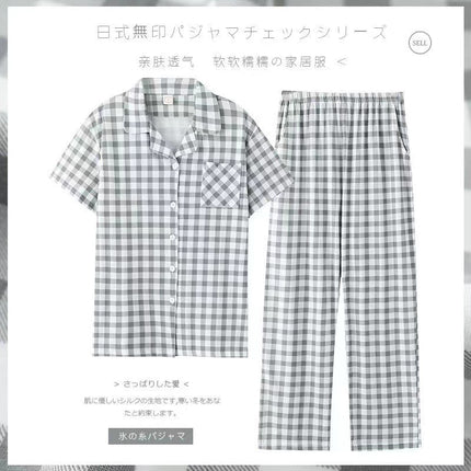 Long-Sleeved Cotton Japanese Pajamas Women's Suit Cotton Plaid Couple Long-Sleeved Home Clothes Men's Summer Thin Suit