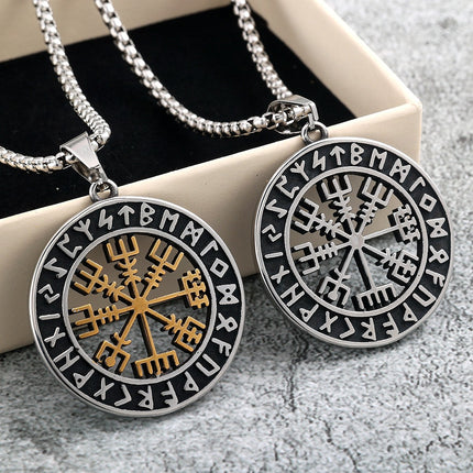 Nordic Retro Stainless Steel Pendant Suitable for Men and Women Viking Double-Sided Compass Necklace