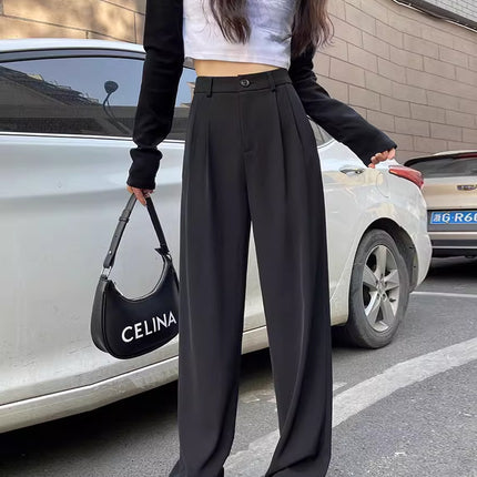 Gray Suit Pants for Women Spring and Summer New High-Waisted Double Pleated Slim Floor-Length Trousers Casual Straight Wide-Leg Pants