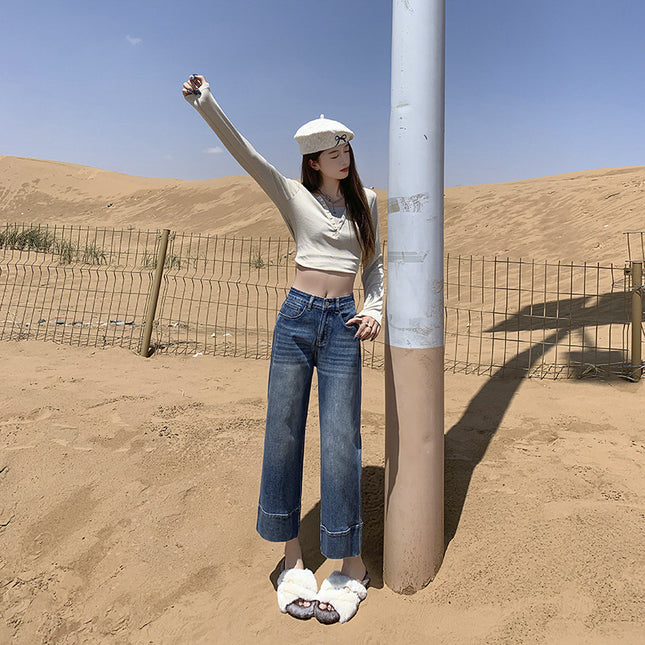 Attention Time Retro Cropped Jeans Children Autumn and Winter New High Waist Slimming French Stick Pipe Pants
