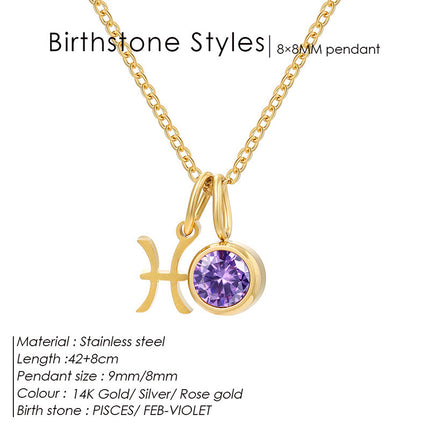 Cross-Border European and American Twelve Zodiac Signs Three-Dimensional Fashion Necklace, Light Luxury Colorful Rhinestone Birthstone Necklace, Stainless Steel Jewelry
