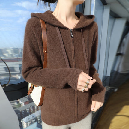 2024 Autumn and Winter New Pure Wool Hooded Sweater Cardigan Women's Loose Casual Zipper Knitted Sweater Coat Hoodie