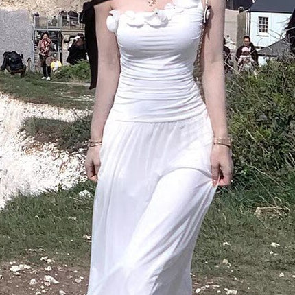 The Arrival of the Goddess of Beauty, Small White Flower Series, Slanted Shoulder Flower Knitted Mesh Sleeveless Top/Dress