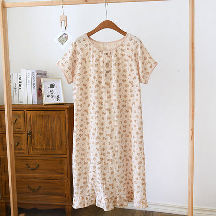 Women's Cotton Double-layer Gauze Baby's Cotton Nightdress Summer New Short-sleeved plus size Loose Thin Cotton Home Clothes