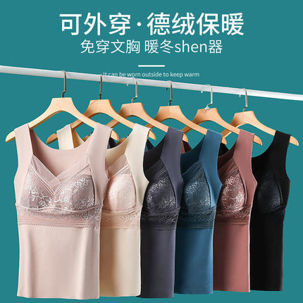 Cross-Border Popular Wearable Thermal Vest Autumn and Winter Body-Shaping Bottoming Women's Tops Without Bra Lace Beautiful Back