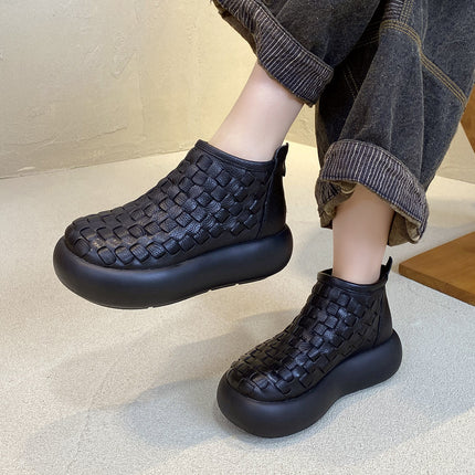 Retro Casual Thick-Soled Platform Shoes Hand-Woven Genuine Leather Short Boots for Women 2025 Autumn and Winter New First-Layer Cowhide Short Boots