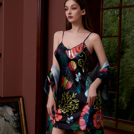 Cross-border printed nightgown suit women summer sexy ice silk middle sleeve plus size bathrobe silk bridal morning gown manufacturers wholesale