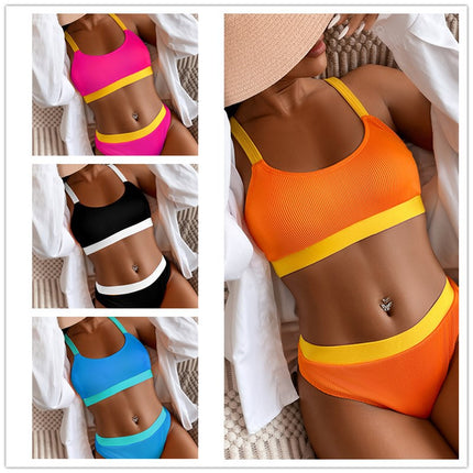 2023 New Cross-border European and American Bikini Swimsuit Pit Contrast Color Fashion Bikini Sexy Split Swimsuit Women's Summer