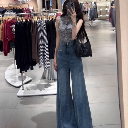 Blue High Waist Wide Leg Jeans Women's Loose Slimming Hong Kong Style Retro Mop Pants Korean Style Elegant Straight Leg Wide Leg Pants