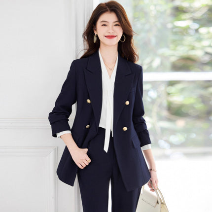 Double-Breasted Suit Set for Women, Autumn and Winter New Style, Korean Fashion, Casual, Professional Attire, Slim Fit, White-Collar Business Long-Sleeve Suit
