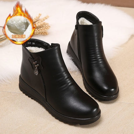 Mom's Shoes, Winter Fleece-Lined Soft Leather Cotton Shoes for Women, Warm Non-Slip Flat-Soled Middle-Aged Leather Shoes, Soft-Soled Short Boots for Middle-Aged and Elderly People