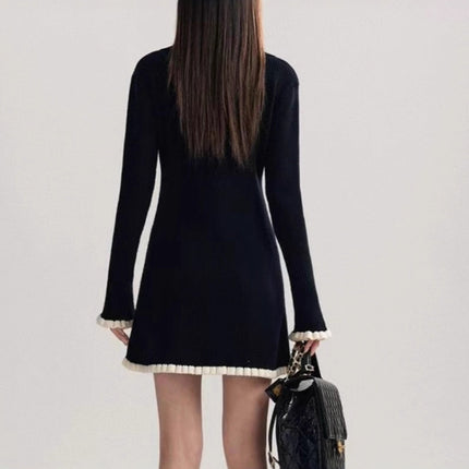 French-Style Autumn and Winter New V-Neck Long-Sleeve Knit Dress, Can Be Worn as an Inner Layer or Outerwear, Little Black Dress, Slim-Fitting Sweater Dress
