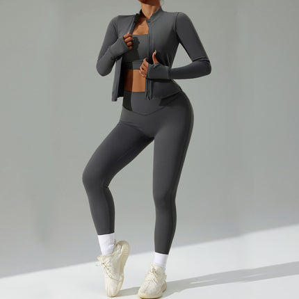 Cross-Border New Tight-Fitting Yoga Clothing Suit Women's Cardigan Running Sportswear Suit Quick-Drying Fitness Clothing Three-Piece Set