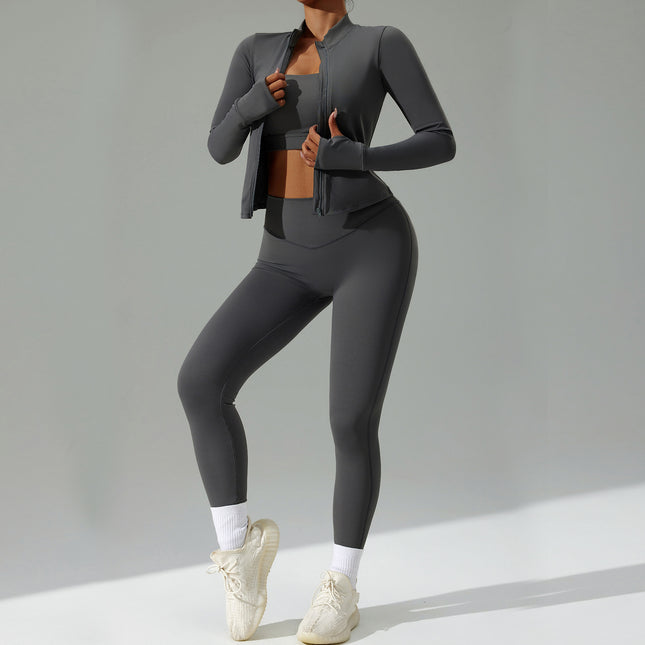 Cross-Border New Tight-Fitting Yoga Clothing Suit Women's Cardigan Running Sportswear Suit Quick-Drying Fitness Clothing Three-Piece Set