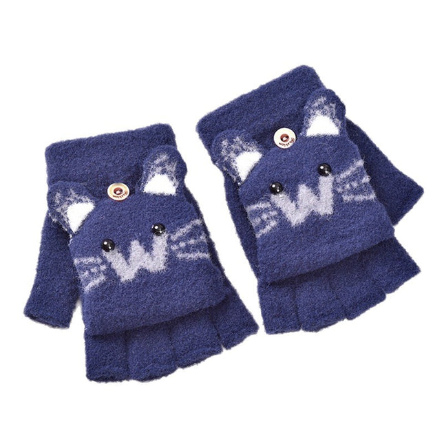 Cute Kitten Cartoon Knitted Children's Half-Finger Flip-Up Gloves, Thickened and Warm, Autumn and Winter Korean Style Student Cold-Proof Gloves