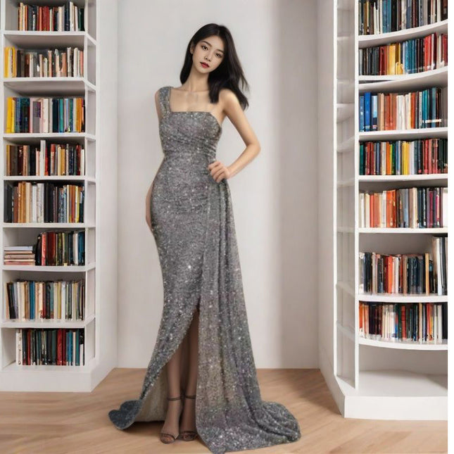 New European and American Cross-Border Export Women's Clothing Independent Station One-Shoulder Sexy Heavy-Duty Sequin Streamer Large Swing Ball Evening Dress