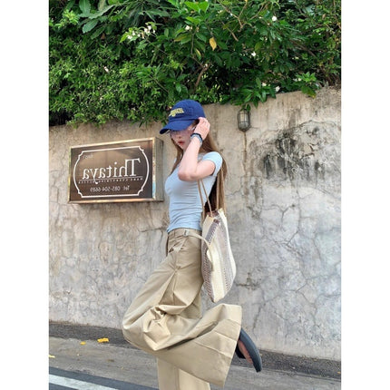 Vintage Khaki Casual Straight-Leg Pants for Women 2025 Summer New Drape High-Waisted Slimming Floor-Length Wide-Leg Pants